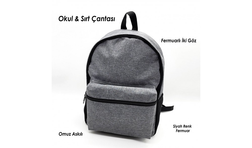 Ön Cepli Logo Baskılı Okul Sırt Çantası Ön cepli gri logo baskılı promosyon okul ve sırt çantası