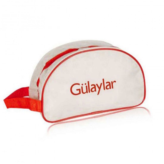 Beyaz Kırmızı Logo Baskılı Fermuarlı Promosyon Makyaj Çantası Beyaz Kırmızı Logo Baskılı Fermuarlı Promosyon Makyaj Çantası