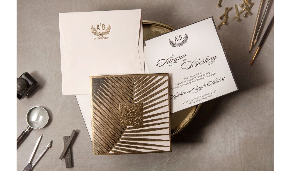 Düğün Davetiyesi Zarf Üzeri Gold Varaklı Model D-8389