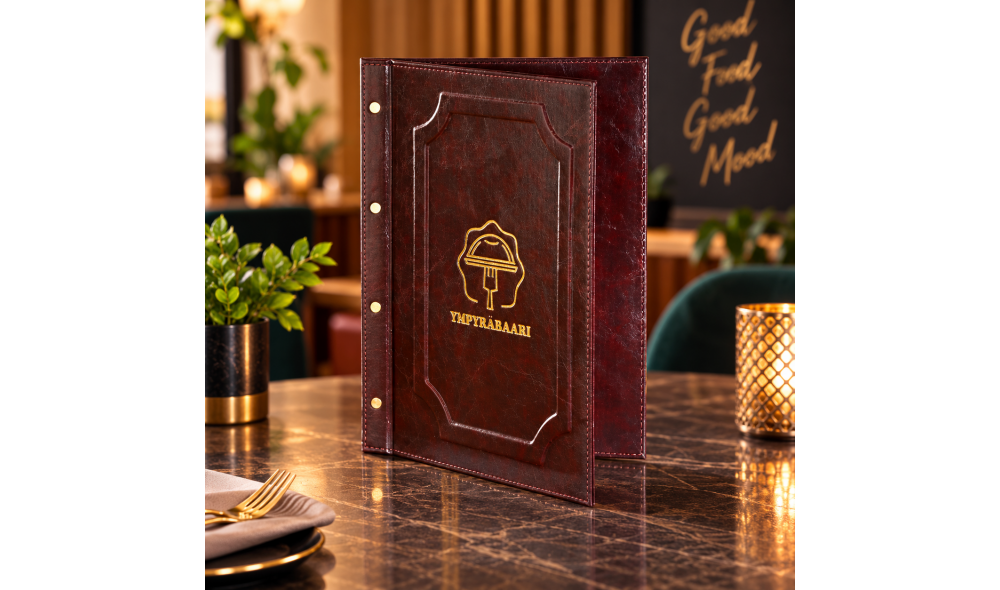 Logo Baskılı Kahverengi Vidalı Çerçeveli Deri Menü Kahverengi logo baskılı vidalı çerçeveli deri restoran menü kabı
