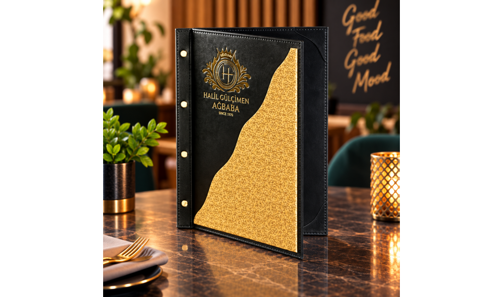 Logo Baskılı Üst Vadi Vidalı Deri Restoran Menü Kabı Koyu yeşil ve altın renkli vadi tasarımlı vidalı deri restoran menü kabı
