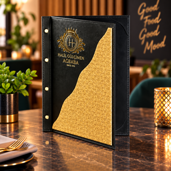 Logo Baskılı Üst Vadi Vidalı Deri Restoran Menü Kabı Koyu yeşil ve altın renkli vadi tasarımlı vidalı deri restoran menü kabı