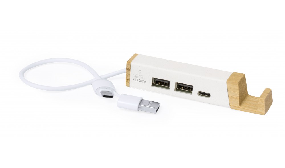 Bambu Telefon Standlı USB Çoklayıcı | Type-C USB Hub | TopluBaskı Bambu telefon standlı USB çoklayıcı beyaz gövdeli 2 USB 2.0 ve 1 Type-C çıkışlı geri dönüştürülmüş malzemeli masaüstü USB hub