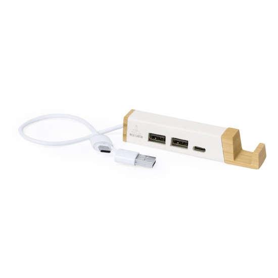 Bambu Telefon Standlı USB Çoklayıcı | Type-C USB Hub | TopluBaskı Bambu telefon standlı USB çoklayıcı beyaz gövdeli 2 USB 2.0 ve 1 Type-C çıkışlı geri dönüştürülmüş malzemeli masaüstü USB hub