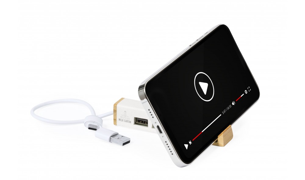 Bambu Telefon Standlı USB Çoklayıcı | Type-C USB Hub | TopluBaskı Bambu telefon standlı USB çoklayıcı beyaz gövdeli 2 USB 2.0 ve 1 Type-C çıkışlı geri dönüştürülmüş malzemeli masaüstü USB hub