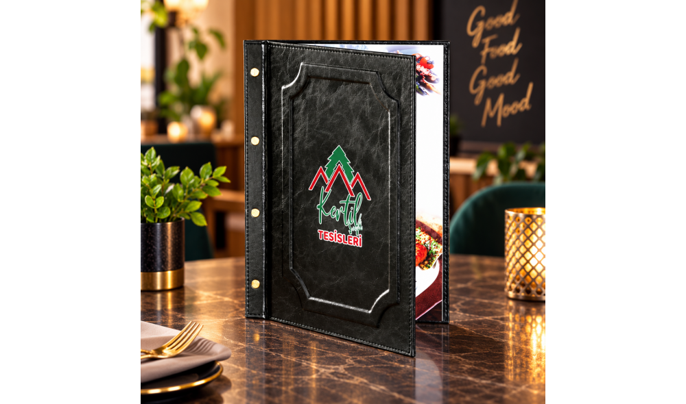 Logo Baskılı Kahverengi Vidalı Çerçeveli Deri Menü Kahverengi logo baskılı vidalı çerçeveli deri restoran menü kabı