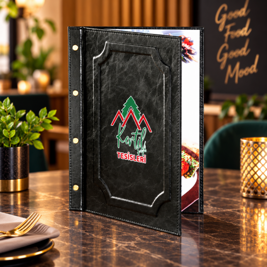 Logo Baskılı Kahverengi Vidalı Çerçeveli Deri Menü Kahverengi logo baskılı vidalı çerçeveli deri restoran menü kabı