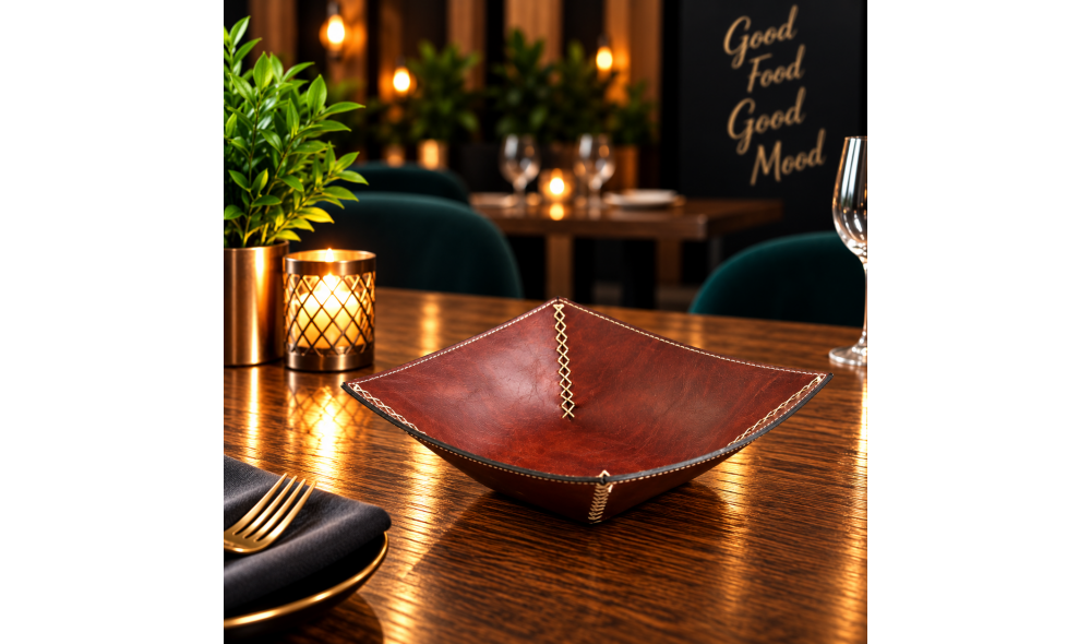 Deri Kaplama Kare Ekmeklik – Logo Baskılı Modern Restoran Ekmekliği Koyu renkli deri kaplama kare ekmeklik, logo uygulamalı iç panel, dışa açılan dört kenar, 18x18x6 cm restoran ekmek sunum sepeti