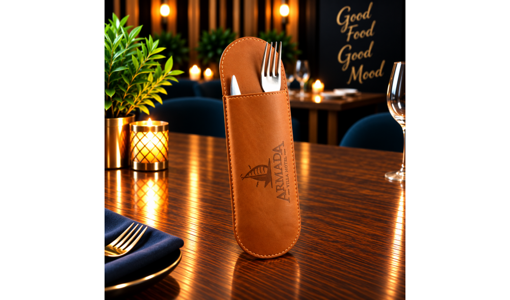 Yeşil Deri Çatal Kaşık Kılıfı – Gold Logo Baskılı 11,5x24,5 cm Yeşil deri çatal kaşık kılıfı, altın renkli logo baskılı, oval uçlu ve dikiş detaylı 11,5x24,5 cm restoran servis ürünü